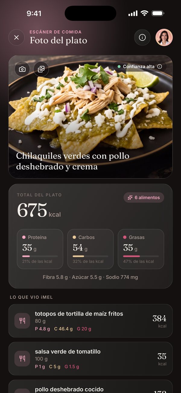 Escáner de comida con chilaquiles verdes con pollo y crema: 675 kcal, separados en totopos, salsa verde, pollo y más