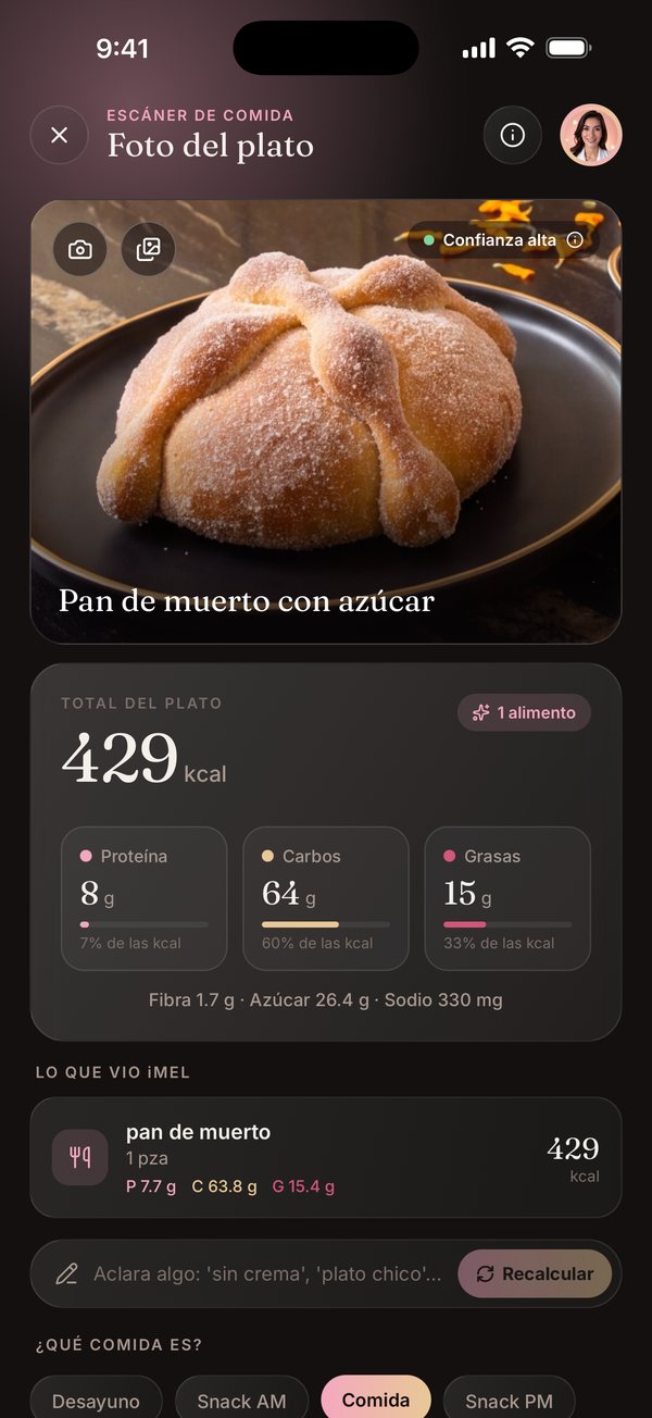 Escáner de comida con un pan de muerto con azúcar: 429 kcal