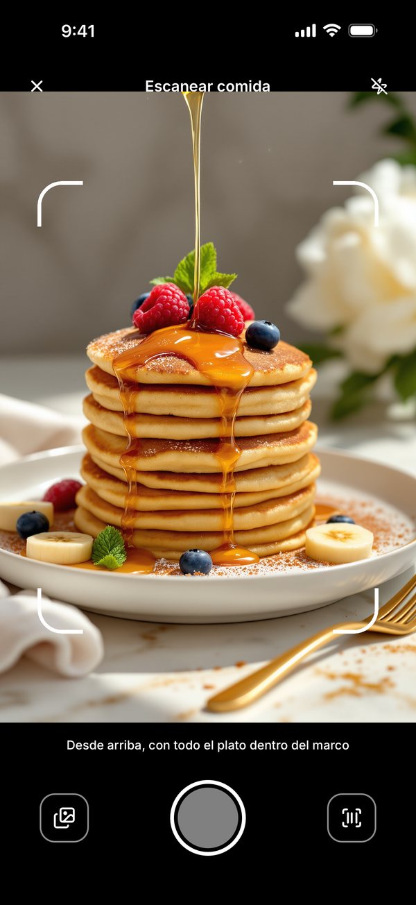 Cámara del escáner de comida apuntando a unos hotcakes de proteína con frutos rojos
